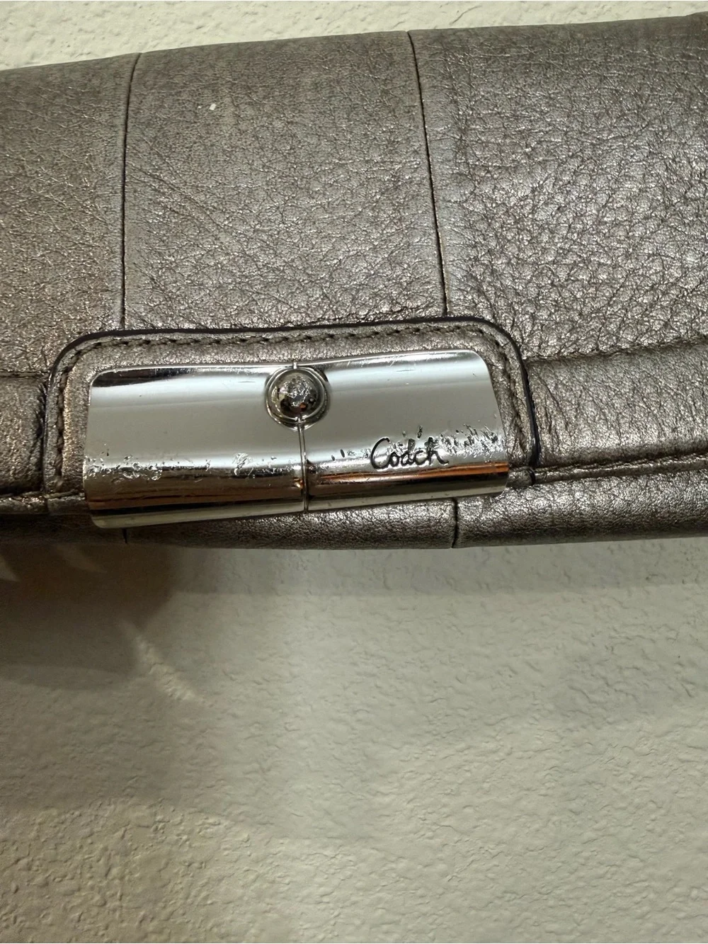 Coach Metallic Pewter Leather Wallet Clutch